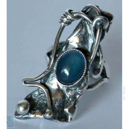 Bague argent, avec une agate bleue, création artisanale.