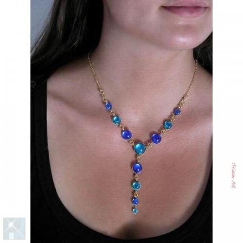 Collier bleu en laiton doré, bijou fait main