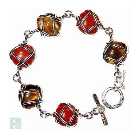 Bracelet multicolore avec des pierres fines : jaspe rouge et l'oeil de tigre.