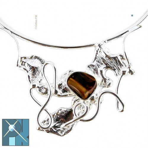 Collier rigide argent avec l'oeil du tigre, création unique