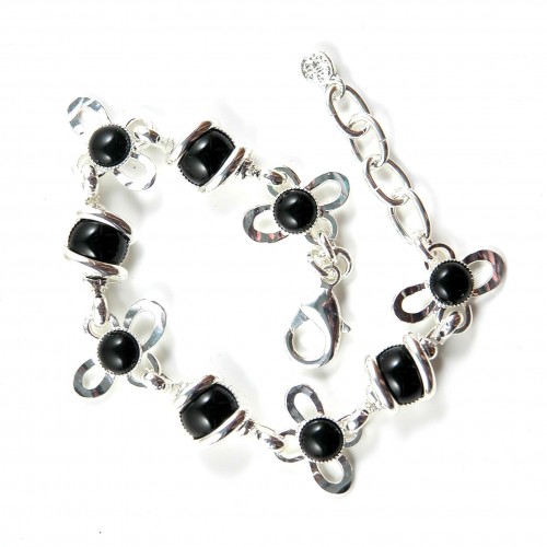 Bracelet fleur argent avec des pierres noires