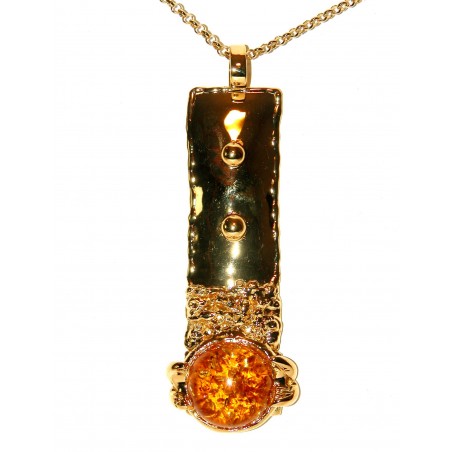 Long pendentif artisanal doré avec une pierre semi-précieuse