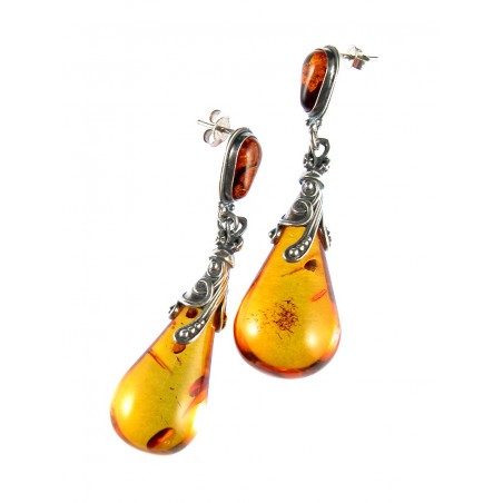 Boucles d'oreilles, bijoux en ambre goutte et argent 925